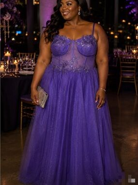 Plus Size Purple Tulle Evening Gown with Mesh Bodice